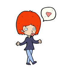 cartoon woman in love shrugging shoulders