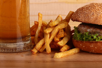 Beer burger and chips