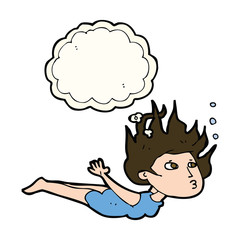 cartoon woman swimming underwater with thought bubble