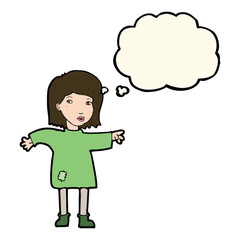 cartoon woman in patched clothing with thought bubble