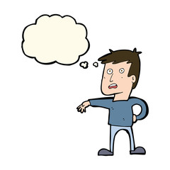 cartoon man making camp gesture with thought bubble