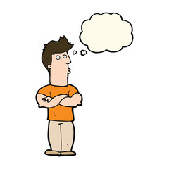 cartoon man with folded arms with thought bubble