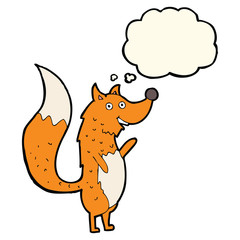 cartoon waving fox with thought bubble