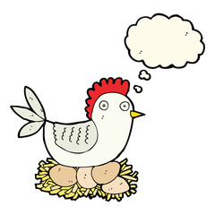 cartoon hen on eggs with thought bubble