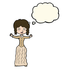 cartoon worried victorian woman with thought bubble