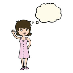 cartoon pretty woman waving with thought bubble