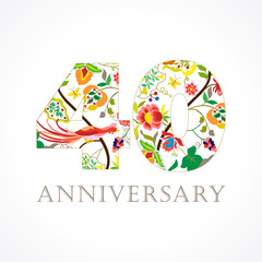 Naklejka premium 40 anniversary folk logo. Template logo 40th anniversary in folk style with bird. 