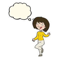 cartoon laughing woman with thought bubble