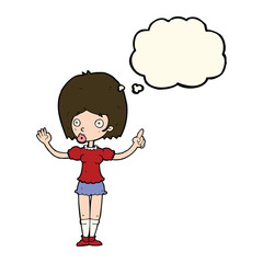 cartoon woman explaining her point with thought bubble