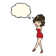 cartoon woman posing in dress with thought bubble