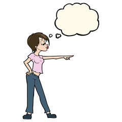 cartoon woman pointing with thought bubble