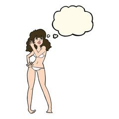 cartoon pretty woman in bikini with thought bubble