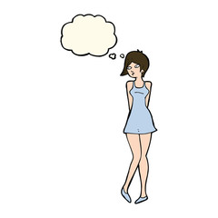 cartoon pretty woman in dress with thought bubble