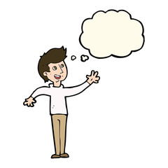 cartoon man waving with thought bubble