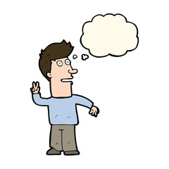 cartoon man making peace sign with thought bubble