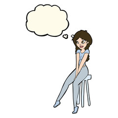 cartoon pretty girl on stool with thought bubble