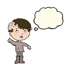 cartoon boy with growth on head with thought bubble