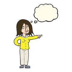 cartoon woman pointing with thought bubble