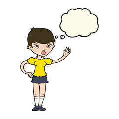 cartoon woman waving with thought bubble