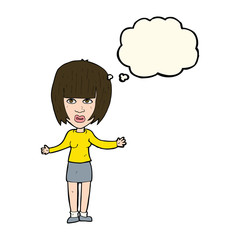 cartoon woman shrugging shoulders with thought bubble