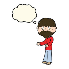 cartoon happy bearded man with thought bubble
