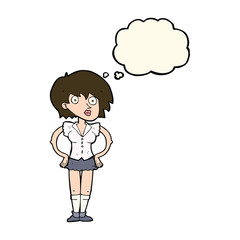 cartoon surprised woman with hands on hips with thought bubble