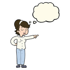 cartoon friendly woman pointing with thought bubble