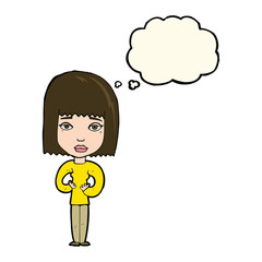 cartoon woman indicating self with thought bubble