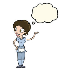 cartoon woman in maid costume with thought bubble