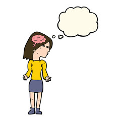 cartoon clever woman shrugging shoulders with thought bubble