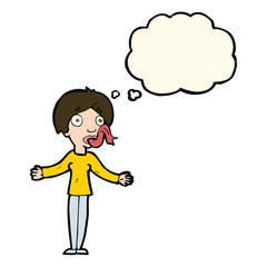 cartoon woman telling lies with thought bubble
