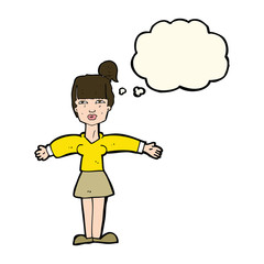 cartoon woman shrugging shoulders with thought bubble