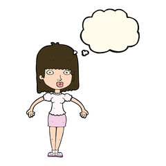 cartoon woman shrugging shoulders with thought bubble