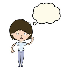 cartoon waving woman with thought bubble
