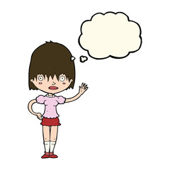 cartoon waving woman with thought bubble