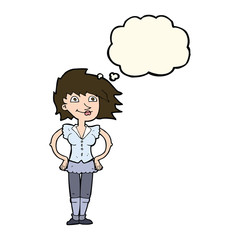 cartoon woman with hands on hips with thought bubble