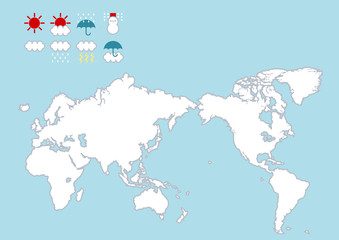 世界地図（日本中心）と天気アイコンのイラスト
