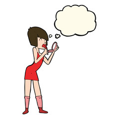 cartoon woman applying lipstick with thought bubble