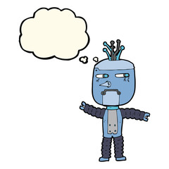 cartoon waving robot with thought bubble