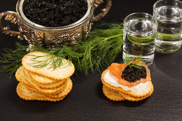 Black caviar served on crackers with vodka and additives