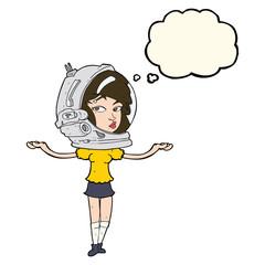 cartoon woman wearing space helmet with thought bubble