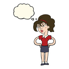 cartoon woman with hands on hips with thought bubble