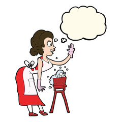 cartoon housewife washing up with thought bubble