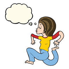 cartoon woman running with thought bubble