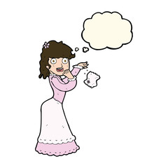 cartoon victorian woman dropping handkerchief with thought bubbl