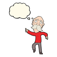 cartoon sad old man pointing with thought bubble