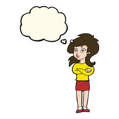 cartoon woman with folded arms with thought bubble