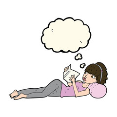 cartoon pretty woman reading book with thought bubble