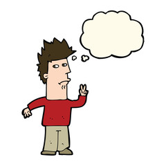 cartoon man giving peace sign with thought bubble
