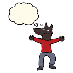 cartoon wolf man with thought bubble